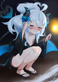 1girl absurdres akugaki_koa anklet antenna_hair bare_legs black_footwear black_horns black_kimono black_nails blue_bow blue_eyes blue_hair blush bow breasts colored_inner_hair demon_girl demon_horns demon_tail demon_wings downblouse fireworks full_body goki_buri grin hair_between_eyes hair_ornament hairclip hand_on_own_head heterochromia highres holding holding_fireworks horn_bow horn_ornament horns huge_filesize chromashift japanese_clothes jewelry kimono loli long_hair looking_at_viewer multicolored_hair nail_polish night nipples nose_blush outdoors raised_eyebrows sandals shore sidelocks sky small_breasts smile sparkler squatting star_(sky) starry_sky tail teeth toenail_polish toenails two-tone_hair very_long_hair virtual_youtuber wide_sleeves wings yellow_eyes