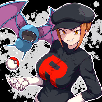 1girl bat_(animal) black_background black_hat black_shirt blue_skin breasts colored_skin evil_grin evil_smile fangs gen_1_pokemon gloves grin hat highres hitofudegaki_usagi large_breasts nintendo open_mouth orange_eyes orange_hair poke_ball pokemon pokemon_(creature) pokemon_lgpe purple_wings shirt short_hair smile team_rocket team_rocket_grunt team_rocket_uniform white_gloves wings zubat