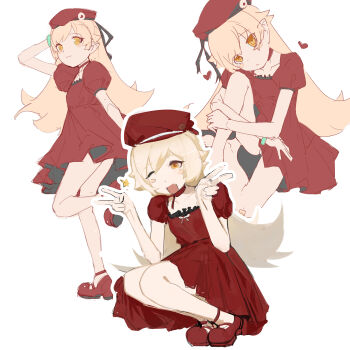 Rule 34 | 1girl, :3, absurdres, arm at side, bandaid, bandaid on knee, bandaid on leg, bare legs, barefoot, beret, blonde hair, blush stickers, bow, bracelet, collarbone, commentary request, crossed arms, dot nose, double v, dress, dress bow, fangs, flat chest, flipped hair, frilled dress, frills, from above, from side, full body, hair flaps, hand on headwear, hands up, hat, hat ornament, head tilt, heart, highres, hugging own leg, jewelry, knee up, long hair, mary janes, monogatari (series), multiple views, neck ribbon, one eye closed, open mouth, orange eyes, oshino shinobu, outline, pointy ears, puffy short sleeves, puffy sleeves, red dress, red ribbon, red shoes, ribbon, ringed eyes, running, shishirui san, shoes, short sleeves, simple background, sitting, smile, square neckline, squatting, two-sided fabric, v, very long hair, white background, white bow, white outline, wink star