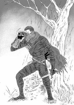 1boy 913kousatu absurdres bare_tree bashful_ray binoculars bodysuit cape claws commentary_request dagger dark_souls_(series) dark_souls_ii full_body gloves grass greyscale highres holding holding_binoculars holding_dagger holding_knife holding_weapon knife looking_afar male_focus monochrome short_hair solo standing torn_cape torn_clothes tree weapon