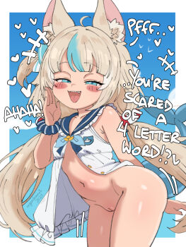 1girl :d animal_ear_fluff animal_ears argonchann blonde_hair blue_eyes cat_ears cleft_of_venus fang fins fish_tail highres indie_virtual_youtuber loli long_hair looking_at_viewer low_twintails open_mouth pussy sameko_saba sameko_saba_(1st_costume) shark_tail smile solo tail twintails virtual_youtuber