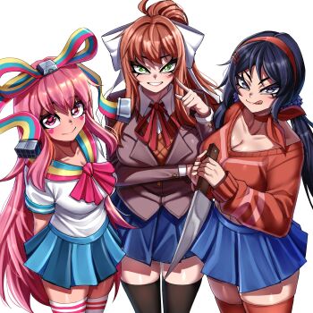 1other 2girls 3girls absurdres arms_behind_back artificial_intelligence blue_eyes blue_hair blush breasts bright_pupils brown_hair coat crazy_eyes crazy_mita_(miside) crossed_arm crossover doki_doki_literature_club doki_doki_literature_club_school_uniform giffany gravity_falls green_eyes heart heart-shaped_pupils heart_marking highres holding holding_weapon knife large_breasts light_blush long_hair medium_breasts miside mita_(miside) monika_(doki_doki_literature_club) multiple_girls pink_eyes pink_hair pointing ponytail rageman709 red_pupils ribbon school_uniform skirt smile sweater symbol-shaped_pupils thighhighs tongue tongue_out twintails weapon white_background white_pupils yandere