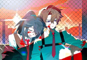 Rule 34 | 2boys, alternate skin color, black coat, black vest, blood, blood on clothes, blood on face, brown hair, chain-link fence, chest harness, coat, collared shirt, commentary request, day, fence, gala9960, harness, head on another's shoulder, heathcliff (project moon), hong lu (project moon), limbus company, multiple boys, outdoors, project moon, purple eyes, rooftop, shirt, sitting, sunset, vest, white shirt