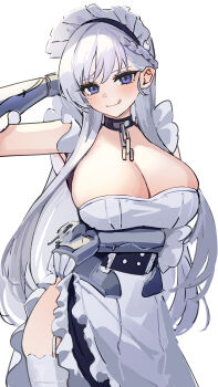 1girl absurdres apron arm_guards azur_lane bare_shoulders belfast_(azur_lane) black_dress blue_eyes blush braid breasts broken broken_chain chain cleavage collar commentary_request dress frilled_gloves frills gloves half_up_braid highres large_breasts licking_lips long_hair looking_at_viewer maid_headdress marumai smile solo thighhighs tongue tongue_out waist_apron white_apron white_hair white_thighhighs