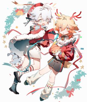 2boys alternate_costume animal_ears antenna_hair belt black_belt black_choker black_shoes black_shorts blonde_hair blue_eyes braid chimera_(honkai:_star_rail) choker coat commentary deer_ears deer_girl deer_tail facial_tattoo fur-trimmed_coat fur_trim gradient_hair hat highres honkai:_star_rail honkai_(series) loose_socks male_focus medium_hair multicolored_hair multiple_boys mydei_(fig_stew)_(honkai:_star_rail) mydei_(honkai:_star_rail) parted_bangs phainon_(honkai:_star_rail) phainon_(vigethos)_(honkai:_star_rail) ponytail red_coat red_hair red_hat red_shirt red_tattoo shirt shoes short_hair shorts side_braid socks suirandanshihao symbol-only_commentary tail tattoo white_hair white_shorts yellow_eyes