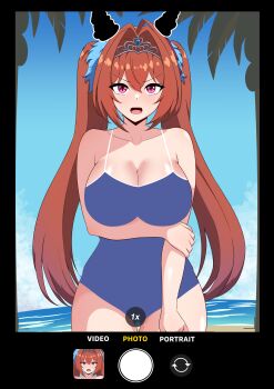Rule 34 | 1girl, absurdres, animal ears, antenna hair, arm under breasts, blue one-piece swimsuit, blush, bodypaint, breasts, brown hair, censored ears, cleavage, commentary, daiwa scarlet (umamusume), dewanewbie, embarrassed, fake phone screenshot, fake screenshot, hair between eyes, hair intakes, highres, horse ears, horse girl, large breasts, long hair, looking at viewer, one-piece swimsuit, open mouth, red eyes, skindentation, swimsuit, tail, tiara, twintails, umamusume, very long hair