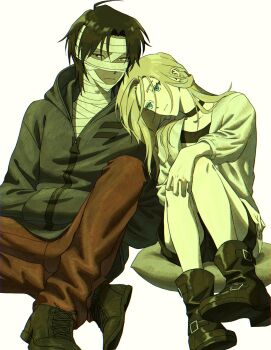 Rule 34 | 1boy, 1girl, ankle boots, bandaged chest, bandaged head, bandaged neck, bandages, black boots, black choker, black eyes, black hair, black jacket, black shirt, black shorts, blonde hair, blue eyes, boots, choker, closed mouth, commentary, cushion, dark-skinned male, dark skin, empty eyes, expressionless, full body, hand on own knee, hands in pockets, head on another's shoulder, head tilt, heterochromia, highres, hood, hood down, hooded jacket, indian style, isaac foster, jacket, light frown, long hair, looking afar, looking to the side, middle part, on cushion, open clothes, open jacket, pants, parted bangs, rachel gardner, red pants, rinrinririn187, satsuriku no tenshi, shirt, short hair, short shorts, shorts, simple background, sitting, striped clothes, striped shirt, two-tone shirt, untranslatable commentary, white background, white jacket, white shirt, yellow eyes, zipper pull tab