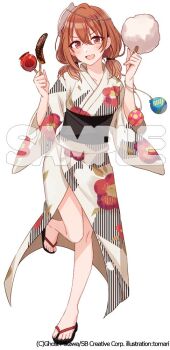 Rule 34 | 1girl, artist name, black sandals, black sash, blush, candy apple, chocolate-covered food, chocolate banana, commentary request, cotton candy, food, fox mask, hair between eyes, hands up, holding, holding candy apple, holding cotton candy, holding food, japanese clothes, kimono, kohinata iroha (imouuzai), looking at viewer, mask, mask on head, medium hair, obi, official art, open mouth, sample watermark, sandals, sash, second-party source, short twintails, simple background, smile, solo, standing, standing on one leg, tomari (veryberry00), tomodachi no imouto ga ore ni dake uzai, twintails, watermark, white background, white kimono, wide sleeves