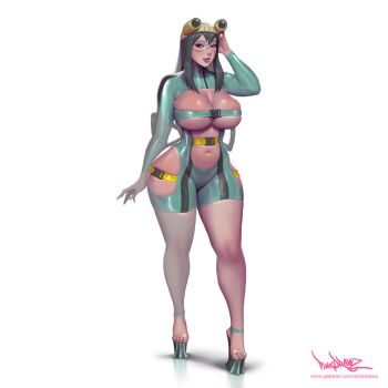Rule 34 | 1girl, asui tsuyu, belt, bodysuit, boku no hero academia, breasts, cleavage cutout, clothing cutout, eyeshadow, frog girl, green bodysuit, green eyes, green hair, hair rings, hip vent, large breasts, long hair, looking at viewer, low-tied long hair, makeup, navel, pink eyeshadow, pinkdrawz, platform sandals, red lips, sandals, stomach cutout, tongue, tongue out