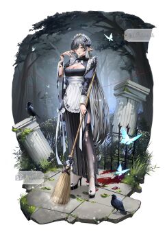1girl absurdres achan_(a_chaniii) adoptable apron bird black_bird black_dress black_nails black_shoes blood blood_on_ground blue_butterfly border breasts broom bug butterfly cleavage cleavage_cutout clothing_cutout column doll_joints dress full_body gold_nails gradient_thighhighs green_eyes grey_hair highres holding holding_broom insect joints leaf leaf_on_head long_dress maid maid_apron maid_headdress medium_breasts mole mole_under_each_eye mole_under_eye multicolored_nails multiple_moles original parted_lips pillar pointy_ears shoes side_slit solo standing swept_bangs thighhighs tile_floor tiles torn_clothes torn_thighhighs two-tone_nails waist_apron white_apron white_border
