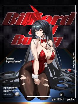 1girl 8-ball absurdly_long_hair absurdres alysha93894922 animal_ear_hairband animal_ears azur_lane ball between_breasts billiard_ball black_hair bow bowtie breasts brown_pantyhose cover dated english_text fake_animal_ears fake_cover hairband hand_on_own_chest hashtag-only_commentary highres id_card kneeling lanyard large_breasts leotard long_hair looking_at_viewer official_alternate_costume pantyhose playboy_bunny pool_table rabbit_ear_hairband rabbit_ears red_bow red_bowtie red_eyes red_leotard solo strap_between_breasts strapless strapless_leotard table taihou_(azur_lane) taihou_(fun_on_the_baize)_(azur_lane) torn_clothes torn_pantyhose very_long_hair white_wrist_cuffs wrist_cuffs