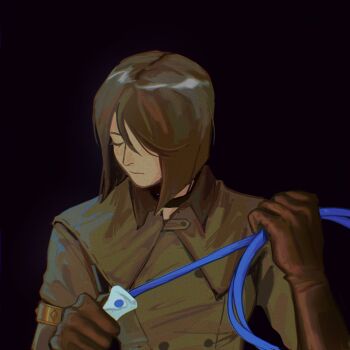 1girl absurdres black_background brown_gloves brown_hair brown_jacket buttons closed_eyes closed_mouth double-breasted gloves highres holding holding_whip jacket military_uniform myeochill portrait short_hair simple_background solo the_king_of_fighters whip whip_(kof)