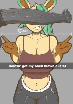 1boy 1girl absurdres animal_ears animal_penis black_pants breasts cleavage collarbone colored_skin cowboy_shot english_text erection from_above furrification furry furry_female furry_male furry_with_furry gen_4_pokemon green_hair grey_background grin hands_up hetero highres horse_penis index_finger_raised large_breasts leafeon midriff navel nintendo pants penis penis_awe penis_on_face penis_over_eyes personification pokemon pokemon_(creature) quin_nsfw red_tank_top short_hair simple_background smile solo_focus standing tank_top teeth testicles uncensored yellow_skin