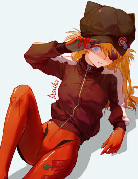 1girl animal_hat blue_eyes bodysuit cat_hat character_name closed_mouth commentary enip_o evangelion:_3.0_you_can_(not)_redo eyepatch hand_on_headwear hat highres jacket long_hair long_sleeves mecha_pilot_suit neon_genesis_evangelion orange_hair plugsuit_(evangelion) rebuild_of_evangelion reclining red_bodysuit shaded_face shadow solo souryuu_asuka_langley track_jacket two_side_up zipper