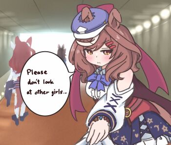 Rule 34 | 1girl, animal ears, blush, breasts, brown eyes, brown hair, commentary request, elbow cutout, hair between eyes, hair ornament, hat, highres, horse ears, horse tail, ice illust07, long hair, matikanetannhauser (panpaka tiltott) (umamusume), matikanetannhauser (umamusume), mihono bourbon (mb-19890425) (umamusume), mihono bourbon (umamusume), pout, pov, pov hands, reaching, reaching towards viewer, rice shower (rosy dreams) (umamusume), rice shower (umamusume), solo, solo focus, tail, translated, umamusume