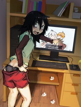 1girl 2boys absurdres bags_under_eyes black_hair black_panties bookshelf caught commentary computer computer_keyboard computer_mouse desk dialogue_box drawer english_commentary english_text feet_out_of_frame green_eyes gym_shorts highres indoors kuroki_tomoko liamickpie long_hair messy_hair mojyo monitor multiple_boys open_mouth panties partially_undressed red_shorts shorts sweat two-tone_shirt underwear used_tissue visual_novel watashi_ga_motenai_no_wa_dou_kangaetemo_omaera_ga_warui! wooden_floor