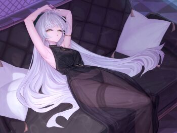 1girl armlet armpits arms_up black_panties black_skirt collared_shirt couch earrings feet_out_of_frame green_eyes hair_intakes holding holding_key jewelry key long_hair looking_at_viewer lying moco_(moco_28) on_back on_couch original panties parted_lips pillow see-through_clothes see-through_skirt shirt skirt sleeveless sleeveless_shirt solo underwear very_long_hair white_hair