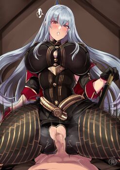 ! 1girl bodysuit breasts clothed_female_nude_male clothing_cutout commission crotch_cutout erection highres huge_breasts imminent_penetration large_penis looking_at_viewer lying_pov nude penis pov pussy red_eyes revolverwing selvaria_bles senjou_no_valkyria_(series) sex spread_legs straddling vaginal white_hair