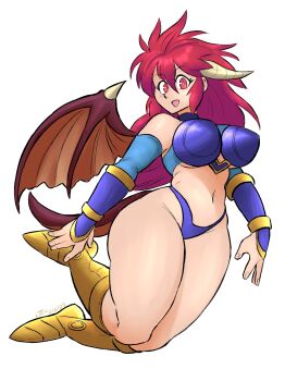 1girl armor bikini bikini_armor blue_arm_warmers blue_bikini boots breasts commentary dated double-parted_bangs dragon_girl dragon_half dragon_tail dragon_wings english_commentary gauntlets gloves gold_boots gold_trim hair_between_eyes heart_ornament highres horns large_breasts long_hair looking_at_viewer midriff mink_(dragon_half) mismatched_bikini navel open_mouth purple_bikini purple_gloves red_eyes red_hair signature simple_background smile solo spiked_hair swimsuit tail turning_head videajames white_background wings
