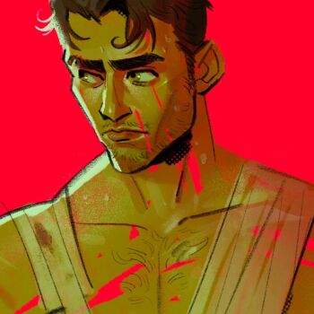 1boy arcane:_league_of_legends arcane_jayce bandaged_chest beard_stubble black_hair brown_hair chest_hair closed_mouth commentary english_commentary facial_hair hashtag-only_commentary jayce_(league_of_legends) league_of_legends looking_to_the_side portrait red_background short_hair sideburns_stubble simple_background skcd_loen sketch stubble sweatdrop thick_eyebrows