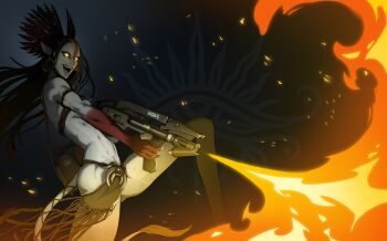 Rule 34 | 1girl, absurdres, alien, animal ears, avatar: fire and ash, black hair, black loincloth, black tube top, blue skin, breasts, cat ears, cat tail, colored skin, commentary, commission, earrings, english commentary, fangs, fire, firing, flamethrower, glowing, glowing eyes, headdress, highres, holding, holding weapon, hoop earrings, james cameron's avatar, jewelry, kokobael, leg up, long hair, na'vi, native american clothes, native american headdress, necklace, night, open mouth, small breasts, solo, strapless, tail, toned, toned female, tooth necklace, tube top, varang, war paint, weapon, yellow eyes