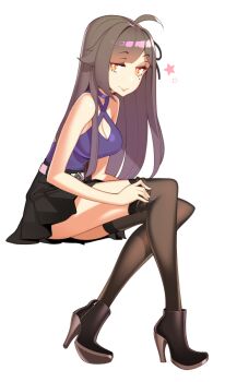 Rule 34 | 1girl, adjusting clothes, adjusting legwear, ahoge, belt, black footwear, black skirt, black thighhighs, blunt bangs, breasts, brown eyes, brown hair, cleavage, commission, female focus, full body, halphelt, halterneck, high heels, highres, invisible chair, long hair, looking at viewer, medium breasts, original, parted bangs, purple shirt, shirt, sitting, skirt, sleeveless, smile, solo, star (symbol), thighhighs, white background