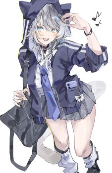 1girl alternate_costume animal_hood bag black_choker blue_necktie bow bracelet braid braid_over_shoulder cat_girl cat_hood cat_tail cellphone charm_(object) choker cipher_(honkai:_star_rail) commentary_request fang grey_hair hair_bow highres honkai:_star_rail honkai_(series) hood jacket jewelry leg_warmers long_hair medium_hair musical_note necktie open_mouth phone pleated_skirt ren_(renjiyu) school_uniform shirt shoulder_bag side_braids skirt sleeves_rolled_up smartphone smile solo tail thighs white_background white_bow white_leg_warmers white_shirt yellow_nails
