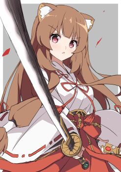 1girl absurdres animal_ear_fluff animal_ears border breasts brown_hair commentary_request grey_background hair_tubes hakama hakama_skirt highres holding holding_sword holding_weapon japanese_clothes katana kosode long_hair looking_at_viewer medium_breasts mikadzuki_(mika114514jp) neck_tassel outside_border parted_lips raccoon_ears raccoon_girl raphtalia red_hakama red_skirt simple_background skirt solo straight_hair sword tassel tate_no_yuusha_no_nariagari v-shaped_eyebrows variant_set vassal_katana_(beginner's_katana)_(tate_no_yuusha_no_nariagari) vassal_katana_(tate_no_yuusha_no_nariagari) weapon white_border white_kosode