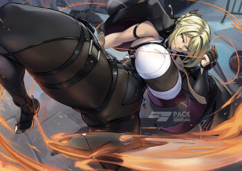 1girl bare_shoulders black_jacket black_pants blonde_hair breasts chest_harness commentary english_commentary evelyn_chevalier gloves harness high-waist_pants highres jacket jacket_on_shoulders knife large_breasts looking_at_viewer medium_hair necktie packge pants purple_eyes solo thick_thighs thighs weapon wire yellow_necktie zenless_zone_zero