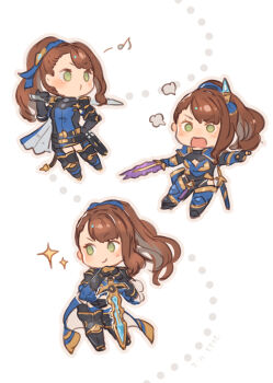 1girl beatrix_(granblue_fantasy) blue_cape blue_scarf brown_hair cape chibi d: granblue_fantasy green_eyes hibana_(hibana_ztlv) highres leaning_on_weapon multiple_persona musical_note open_mouth over_shoulder pointing ponytail puckered_lips scarf smile sparkle spoken_musical_note sword sword_over_shoulder weapon weapon_over_shoulder whistling