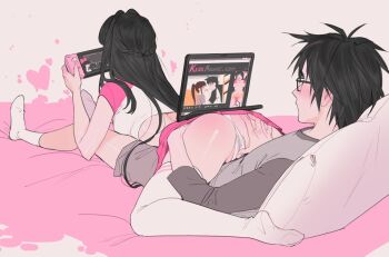 1boy 1girl 69 ass aya_drevis black_hair blush brother_and_sister computer fingering girl_on_top glasses heart hetero incest kissxsis lacryboy laptop long_hair mad_father multitasking nintendo_switch on_bed original panties partially_visible_vulva pussy_juice short_hair siblings socks suminoe_keita suminoe_riko underwear wet wet_clothes wet_panties