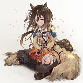 2girls aged_down animal_ears black_boots black_gloves black_pants boots brown_hair closed_eyes closed_mouth coat collared_shirt commentary_request ear_covers ear_ornament feathers fingerless_gloves gloves goggles goggles_around_neck hair_between_eyes highres horse_ears horse_girl horse_tail indian_style knee_boots knife lace-up_boots long_hair long_sleeves lying_on_lap multicolored_hair multiple_girls on_lap open_mouth orange_hair orfevre_(umamusume) pants sheath sheathed shirt sitting sleeping smile stay_gold_(sunlit_outsider)_(umamusume) stay_gold_(umamusume) tail torn_clothes torn_coat two-tone_hair umamusume watermark white_background white_hair white_shirt yellow_coat yellow_eyes yue_(lov_n_n)