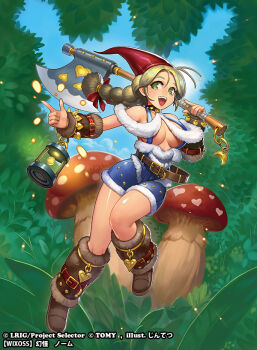 1girl axe belt blonde_hair blue_overalls boots braid braided_ponytail breasts brown_belt brown_boots copyright_notice grass green_eyes holding holding_axe holding_lantern jintetsu lantern large_breasts leaf looking_at_viewer medium_hair mushroom official_art open_mouth outdoors overalls smile solo teeth upper_teeth_only wixoss