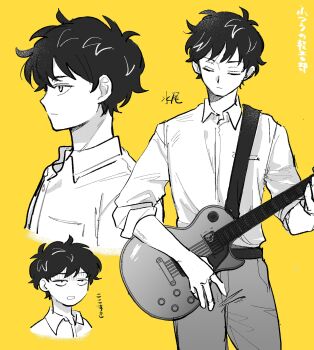 1boy annoyed belt breast_pocket character_name closed_eyes closed_mouth collared_shirt commentary copyright_name cowboy_shot dress_shirt electric_guitar from_side futsuu_no_keion-bu gibson_les_paul greyscale_with_colored_background guitar guitar_strap highres holding holding_guitar holding_instrument instrument male_focus mizuo_haruichi multiple_views nabe940 pants pocket profile shaded_face shirt shirt_tucked_in short_hair simple_background solo yellow_background