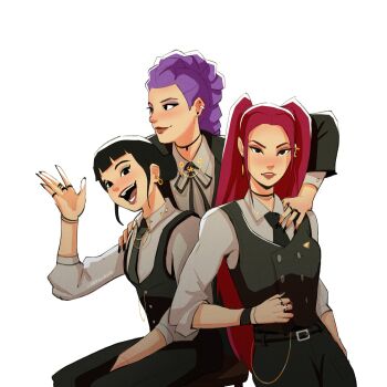 3girls belt black_eyeliner black_hair black_nails black_necktie black_vest bracelet braid braided_ponytail collared_shirt commentary eyeliner eyeshadow gabbiepicasso highres jewelry kpop_demon_hunters long_hair looking_at_viewer looking_to_the_side makeup mira_(kpop_demon_hunters) multiple_girls necktie pink_hair purple_hair ring rumi_(kpop_demon_hunters) shirt short_bangs sidelocks simple_background smile vest white_background white_shirt zoey_(kpop_demon_hunters)