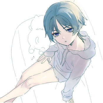 1boy arms_at_sides blunt_ends cat couch crossed_legs drawstring eyeliner eyeshadow fingernails from_above genshin_impact grey_hair grey_hoodie grey_shorts grey_sleeves hag_(hag_015) hand_on_own_thigh highres hood hoodie long_sleeves looking_at_viewer makeup male_focus open_hands open_mouth parted_bangs purple_eyes red_eyeliner red_eyeshadow scaramouche_(genshin_impact) shorts sitting sleeves_past_wrists solo stuffed_animal stuffed_toy wispy_bangs