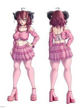 1girl absurdres ahoge back blue_eyes choker commentary commission crop_top english_commentary full_body hand_on_own_hip high_heels highres horns indie_virtual_youtuber injector karynn_(vrchat) midriff open_mouth pantyhose pink_nails pink_pantyhose pink_skirt plaid_clothes plaid_skirt platform_heels pleated_skirt red_choker reference_sheet skirt standing