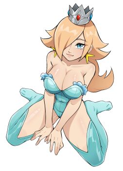 1girl alternate_costume arms_between_legs blonde_hair blue_eyes blue_leotard blue_thighhighs breasts cleavage closed_mouth collarbone commentary commission crown earrings english_commentary full_body hair_over_one_eye highres jewelry large_breasts leotard lips long_hair looking_at_viewer mario_(series) nintendo no_shoes oninuer paid_reward_available parted_bangs rosalina simple_background sitting smile solo star_(symbol) star_earrings strapless strapless_leotard thighhighs wariza white_background