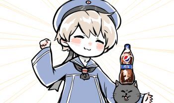 1girl 1other black_neckerchief blue_sailor_collar bottle clenched_hand closed_eyes clothes_writing dress emphasis_lines facing_viewer hat kantai_collection karin_bluez3 neckerchief pepsi pepsi_japan_cola_challenge_(meme) sailor_collar sailor_dress sailor_hat short_hair silver_hair smile soda_bottle unsinkable_sam z1_leberecht_maass_(kancolle)