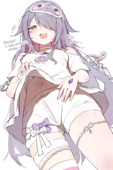 1girl :d chest_jewel choker clothes_lift colored_inner_hair commentary english_commentary english_text gradient_hair grey_hair hair_flaps hair_over_one_eye hand_jewel highres hololive hololive_english jewel_under_eye koseki_bijou koseki_bijou_(pebble_pajamas) long_hair mask mask_on_head multicolored_hair navel official_alternate_costume official_alternate_hairstyle open_mouth orobou pebble_(koseki_bijou) pink_hair print_shirt purple_eyes purple_hair shirt shirt_lift short_shorts shorts sidelocks simple_background single_off_shoulder single_thighhigh sleep_mask smile solo stomach striped_clothes striped_thighhighs t-shirt teeth thighhighs upper_teeth_only very_long_hair virtual_youtuber white_background white_choker white_shirt white_shorts