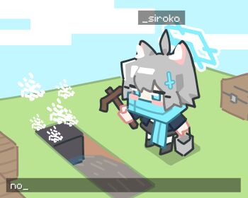 1girl ahoge animal_ear_fluff animal_ears blue_archive blue_eyes blue_halo blue_scarf blue_sky blush_stickers box bucket character_name chibi chibi_only cloud cross day failure gameplay_mechanics grass grey_hair hair_ornament halo highres holding holding_bucket holding_pickaxe inverted_cross ishikoro24 long_sleeves medium_hair minecraft outdoors parody pickaxe scarf shiroko_(blue_archive) sky skyblock solo standing steam water wolf_ears wolf_girl you're_doing_it_wrong