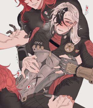 3boys abs argenti_(honkai:_star_rail) asymmetrical_bangs belt biting_own_lip black_hair blush boothill_(honkai:_star_rail) breath brown_belt bullet_earrings cropped_jacket cyborg colored_bangs ear_piercing earrings grey_background grey_eyes group_sex hair_behind_ear hair_over_one_eye head_out_of_frame heart highres honkai:_star_rail honkai_(series) jewelry long_hair male_focus mechanical_arms mmm_threesome multicolored_hair multiple_boys nose_blush one_eye_closed open_fly open_pants pants parted_lips partially_unzipped piercing poorman_0629 popped_collar red_hair red_pupils sheriff_badge simple_background smile solo_focus spoken_heart star_(symbol) steam suggestive_fluid sweat threesome torogao twitching two-tone_hair veins veiny_arms veiny_hands white_hair yaoi zipper_pull_tab