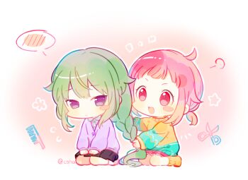 2girls :d adjusting_another&#039;s_hair ahoge alternate_hairstyle ankle_socks aqua_sweater atashi-tachi_no_happy_end_(project_sekai) black_skirt blush_stickers border braid braided_ponytail buttons cardigan center-flap_bangs chibi chibi_only child chinese_commentary closed_mouth cohana collared_shirt comb commentary_request double-parted_bangs flying_sweatdrops frilled_shorts frills frown full_body green_hair hair_flaps kusanagi_nene long_hair long_sleeves looking_at_another low_ponytail miniskirt multiple_girls no_pupils no_shoes ootori_emu open_mouth orange_socks orange_sweater outline outside_border pink_background pink_eyes pink_hair pink_shorts pleated_skirt ponytail project_sekai puffy_long_sleeves puffy_sleeves purple_cardigan purple_eyes raised_inner_eyebrows round_border scissors shirt short_bangs short_hair short_ponytail short_shorts shorts simple_background single_blush_sticker single_braid sitting skirt smile socks spoken_blush star_(symbol) sweater tareme tongue tsurime two-tone_sweater v_arms very_long_hair white_border white_outline white_shirt white_socks