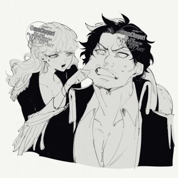 1boy 1girl anger_vein blunt_bangs bracelet cheek_pinching clenched_teeth collared_coat collared_shirt commentary_request epaulettes gloriosa_(one_piece) gol_d._roger greyscale hat highres jewelry male_focus monochrome one_piece ovasayuri pinching shirt straw_hat sweatdrop teeth twitter_username