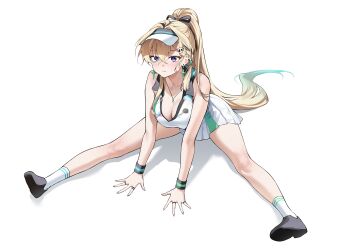 1girl absurdres alternate_costume alternate_hairstyle ayoni_623 black_bow blonde_hair blush bow braid braided_bangs breasts cleavage closed_mouth commentary full_body gradient_hair hair_between_eyes hair_bow hair_ornament highres jewelry large_breasts leaning_forward long_hair looking_at_viewer lynae_(wuthering_waves) multicolored_hair necklace ponytail purple_eyes shirt simple_background skirt skull_hair_ornament socks solo sportswear spread_legs stretching tennis_uniform white_background white_shirt white_skirt white_socks wuthering_waves