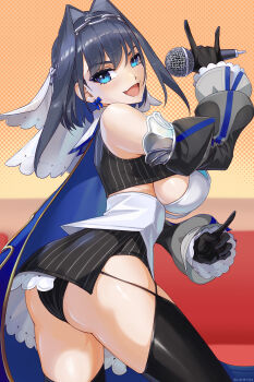 1girl absurdres ass black_gloves black_panties black_shirt black_skirt black_thighhighs blue_eyes blue_hair bow bow_earrings breasts cahryos chain chain_headband commentary cropped_shirt detached_sleeves earrings english_commentary frilled_skirt frilled_sleeves frills gloves grey_sleeves hair_intakes half-skirt highres holding holding_microphone hololive hololive_english jewelry juliet_sleeves karaoke large_breasts long_sleeves looking_at_viewer microphone miniskirt open_mouth ouro_kronii ouro_kronii_(1st_costume) panties pantyshot pinstripe_pattern pinstripe_shirt pinstripe_skirt puffy_sleeves shirt short_hair sideless_outfit skirt sleeveless sleeveless_shirt solo thighhighs underwear vest virtual_youtuber white_vest