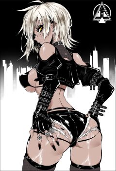 1girl ahoge artist_name ass back belt_collar bikini black_bikini black_collar black_gloves black_nails black_pantyhose black_shorts blazblue blazblue:_chronophantasma breasts bullet_(blazblue) clothing_cutout collar commentary covered_erect_nipples dark-skinned_female dark_skin denim denim_shorts dizzle english_commentary fingerless_gloves fishnet_pantyhose fishnets from_behind gloves goth_fashion grabbing_own_ass grey_hair highres jewelry looking_at_viewer looking_back medium_breasts multiple_rings nail_polish pantyhose parted_lips ring scar scar_on_face short_hair shorts shrug_(clothing) skindentation solo standing swimsuit yellow_eyes