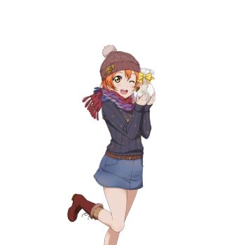 ;d beanie belt blue_sweater blush boots bow brown_belt brown_hat character-themed_food chocolate denim denim_skirt food fur-trimmed_boots fur_trim gift hat holding holding_chocolate holding_food holding_gift hoshizora_rin knit_hat knit_sweater long_sleeves love_live! love_live!_school_idol_festival love_live!_school_idol_project love_wing_bell official_alternate_costume official_art one_eye_closed open_mouth orange_hair pom_pom_(clothes) pom_pom_beanie print_sweater scarf see-through_bag short_hair skirt sleeves_past_wrists smile socks standing standing_on_one_leg star_(symbol) star_print sweater teeth transparent_background upper_teeth_only white_chocolate white_day_(love_live!) yellow_eyes