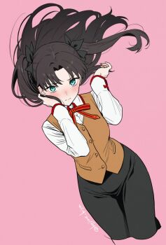 1girl black_skirt blue_eyes blush breasts brown_hair brown_vest collared_shirt fate/stay_night fate_(series) hair_ribbon highres homurabara_academy_school_uniform kiya_hajime long_hair long_sleeves looking_at_viewer medium_breasts neck_ribbon parted_bangs red_ribbon ribbon school_uniform shirt skirt solo tohsaka_rin two_side_up vest white_shirt