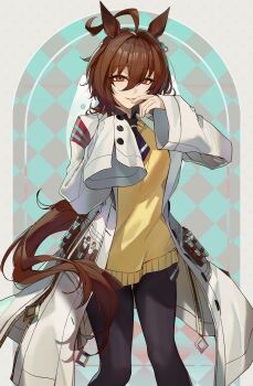 1girl absurdres agnes_tachyon_(tach-nology)_(umamusume) agnes_tachyon_(umamusume) ahoge animal_ears black_necktie brown_hair coat commentary cowboy_shot hand_to_own_mouth hand_up highres horse_ears horse_girl horse_tail huge_ahoge kanniiepan lab_coat light_smile looking_at_viewer medium_hair necktie open_clothes open_coat oversized_clothes pantyhose parted_lips red_eyes short_necktie sleeves_past_fingers sleeves_past_wrists solo standing sweater_vest tail test_tube test_tube_holster umamusume white_coat yellow_sweater_vest